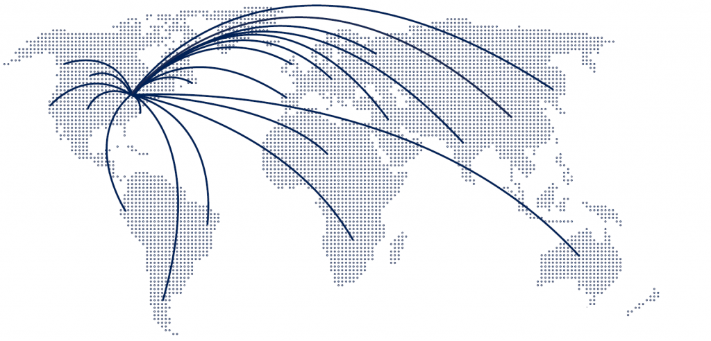 Stylized world map with lines pointing from Toronto to other cities around the world