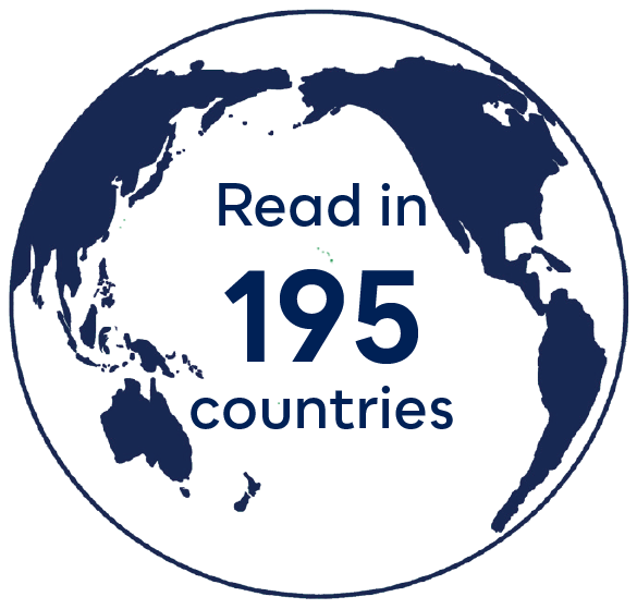 Graphic of a globe with the text Read in 195 countries.