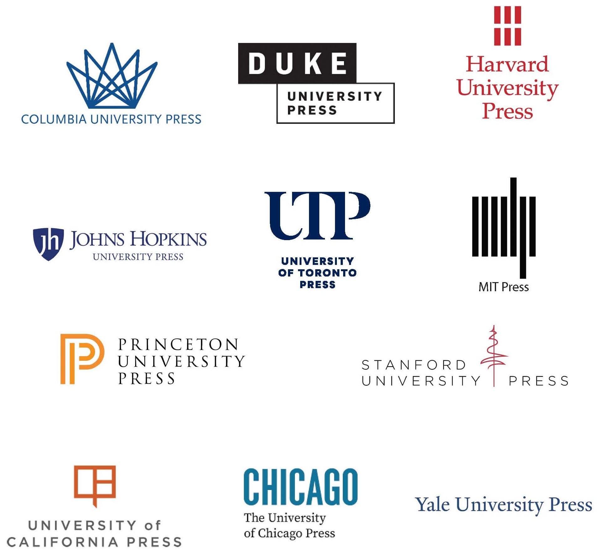 A grid of the following logos: Columbia University Press, Duke University Press, Harvard University Press, Johns Hopkins University Press, University of Toronto Press, MIT Press, Princeton University Press, Stanford University Press, University of California Press, The University of Chicago Press, Yale University Press.